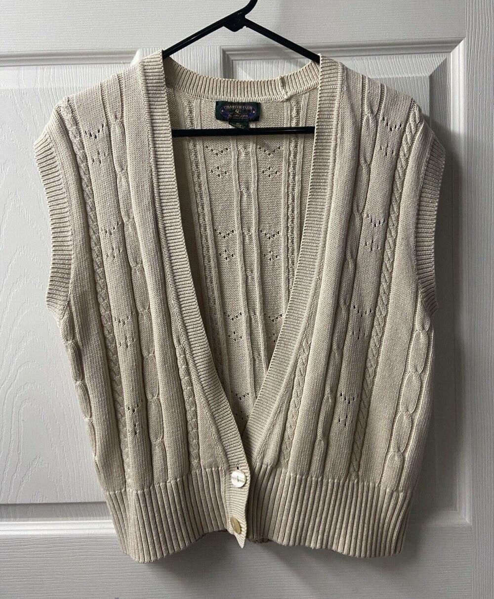 Ramie Linen Charter Club Sweater Vest Womens Medium Beige Cable Knit Sleeveless